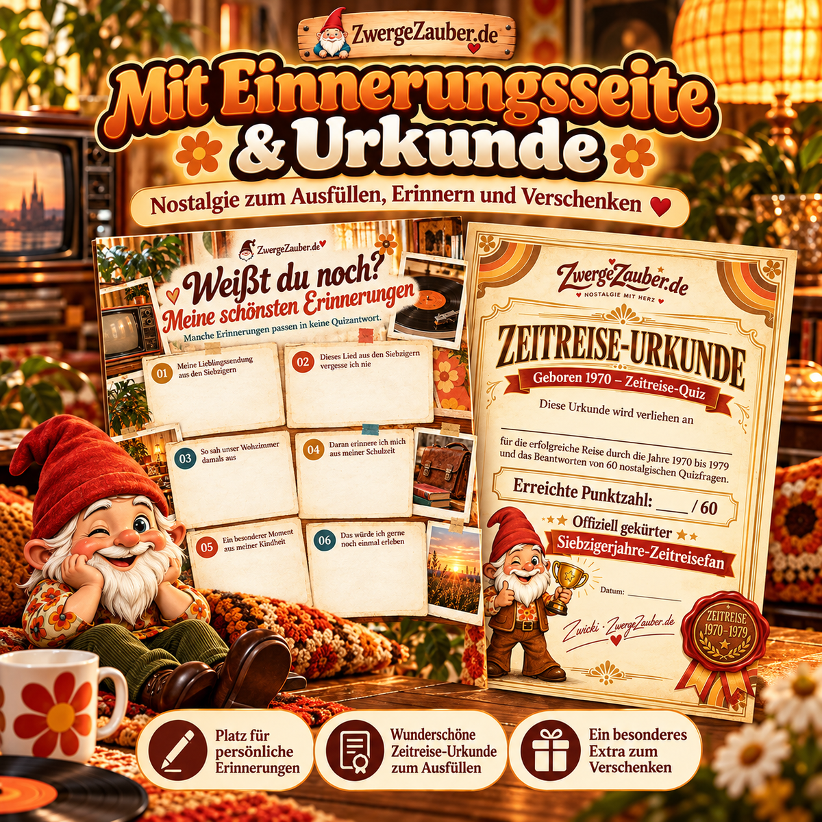 Persönliche Erinnerungsseite und ausfüllbare Zeitreise-Urkunde aus dem Geboren 1970 Zeitreise-Quiz von ZwergeZauber.