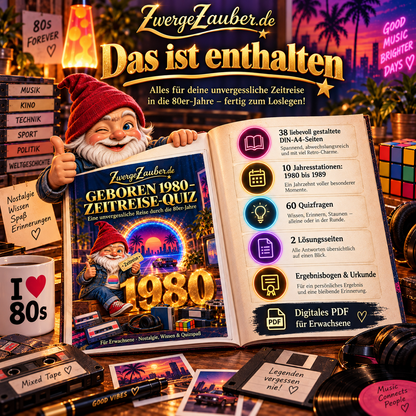 Inhaltsübersicht des Geboren 1980 Zeitreise-Quiz: 38 DIN-A4-Seiten, 60 Fragen, zehn Jahresstationen, Lösungen und Urkunde.