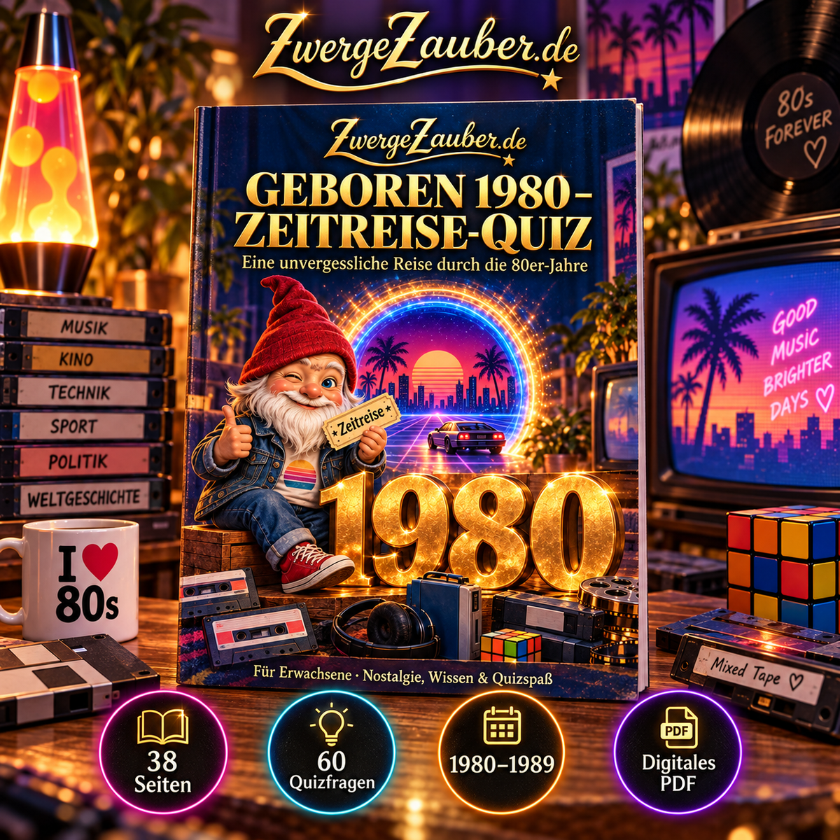 Geboren 1980 – Zeitreise-Quiz von ZwergeZauber mit Zwicki, Retro-Cover und 38 Seiten mit 60 Fragen zu den 80er-Jahren.