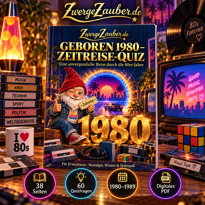 Geboren 1980 – Zeitreise-Quiz von ZwergeZauber mit Zwicki, Retro-Cover und 38 Seiten mit 60 Fragen zu den 80er-Jahren.