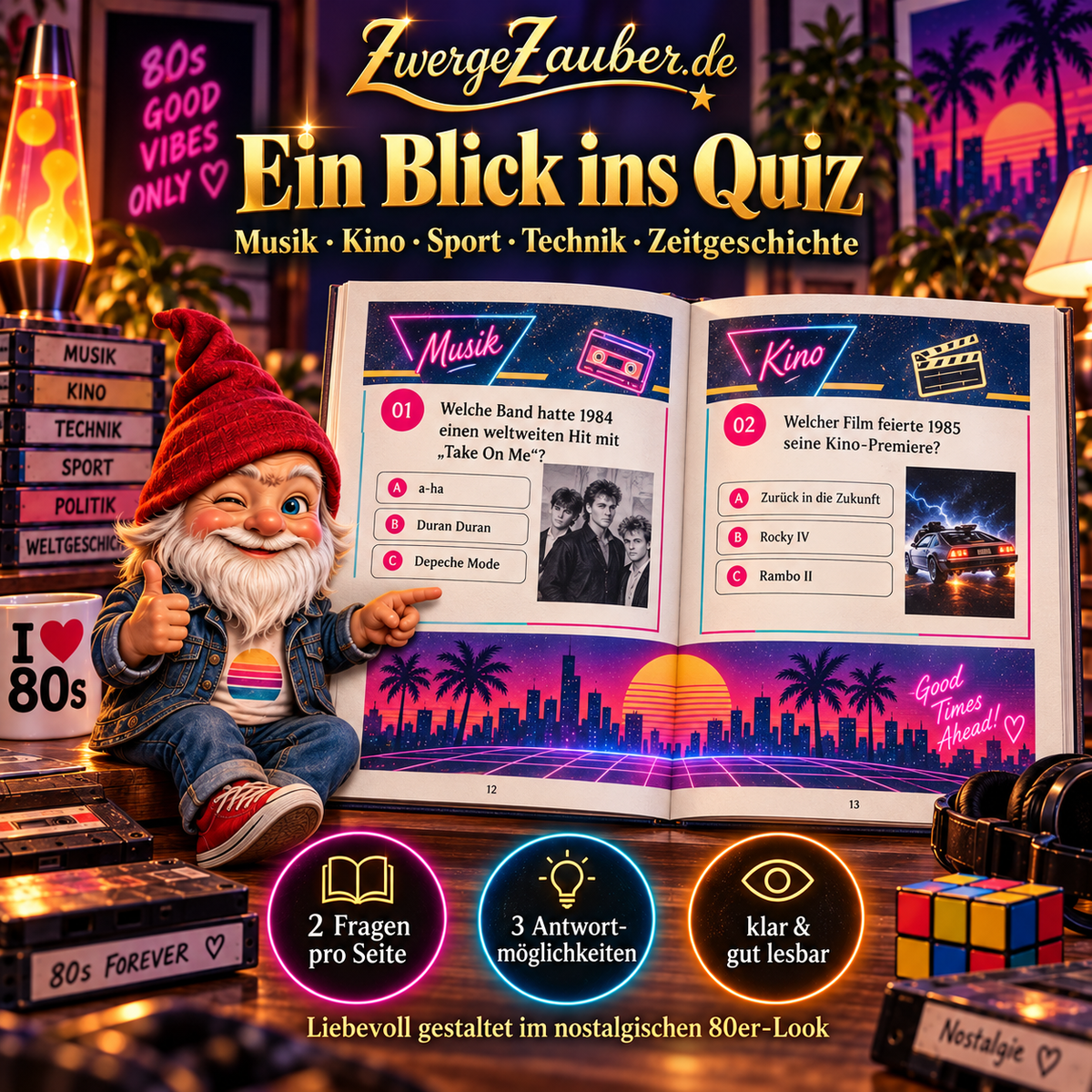 Illustrierte Beispielansicht zum Geboren 1980 Zeitreise-Quiz mit zwei Multiple-Choice-Fragen im nostalgischen 80er-Jahre-Design.