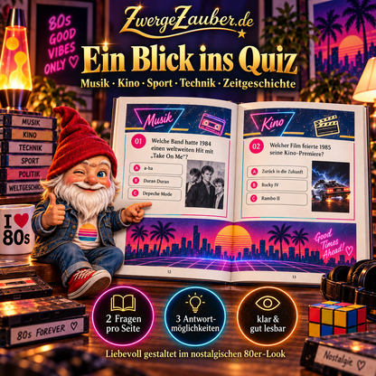Illustrierte Beispielansicht zum Geboren 1980 Zeitreise-Quiz mit zwei Multiple-Choice-Fragen im nostalgischen 80er-Jahre-Design.