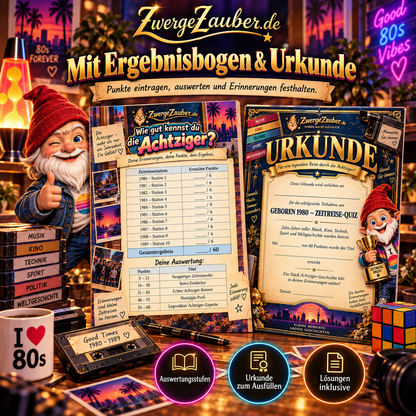 Ergebnisbogen und ausfüllbare Urkunde des Geboren 1980 Zeitreise-Quiz, im nostalgischen ZwergeZauber-Design mit Zwicki.