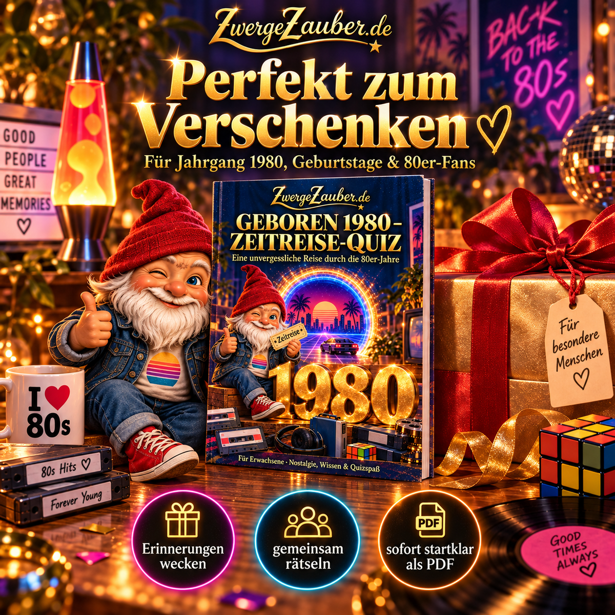 Geboren 1980 Zeitreise-Quiz als nostalgische Geschenkidee zum Geburtstag für Jahrgang 1980 und Fans der 80er-Jahre.