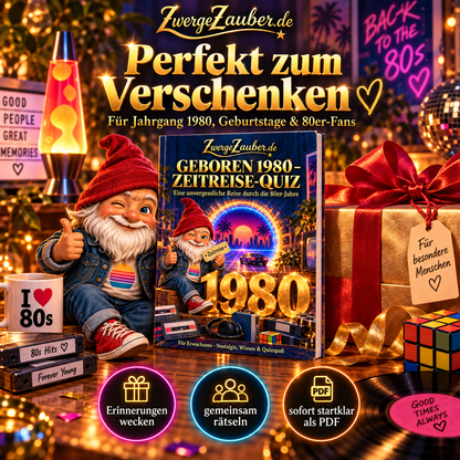 Geboren 1980 Zeitreise-Quiz als nostalgische Geschenkidee zum Geburtstag für Jahrgang 1980 und Fans der 80er-Jahre.