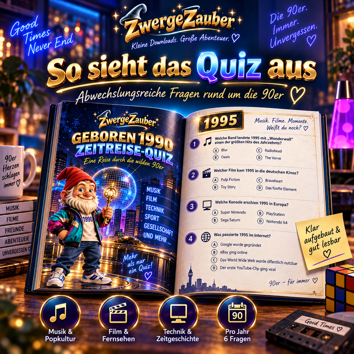 Illustrative Beispielansicht eines aufgeschlagenen 90er-Zeitreise-Quiz mit Fragen zu Musik, Film und Technik.