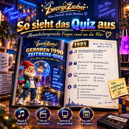 Illustrative Beispielansicht eines aufgeschlagenen 90er-Zeitreise-Quiz mit Fragen zu Musik, Film und Technik.
