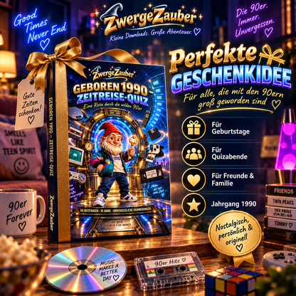 Geschenkidee für den Jahrgang 1990: nostalgisches 90er-Zeitreise-Quiz von ZwergeZauber als digitales PDF, als Geschenk inszeniert.