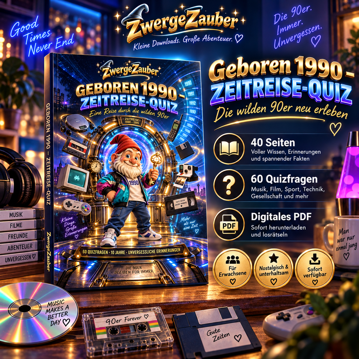 Geboren 1990 – Zeitreise-Quiz von ZwergeZauber: Zwicki vor einer leuchtenden Retro-Zeitmaschine mit Erinnerungsstücken der 90er.
