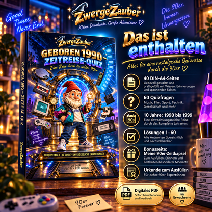 Inhalt des digitalen Geboren 1990 Zeitreise-Quiz: 40 DIN-A4-Seiten, 60 Quizfragen, Lösungen, 90er-Zeitkapsel und Urkunde.