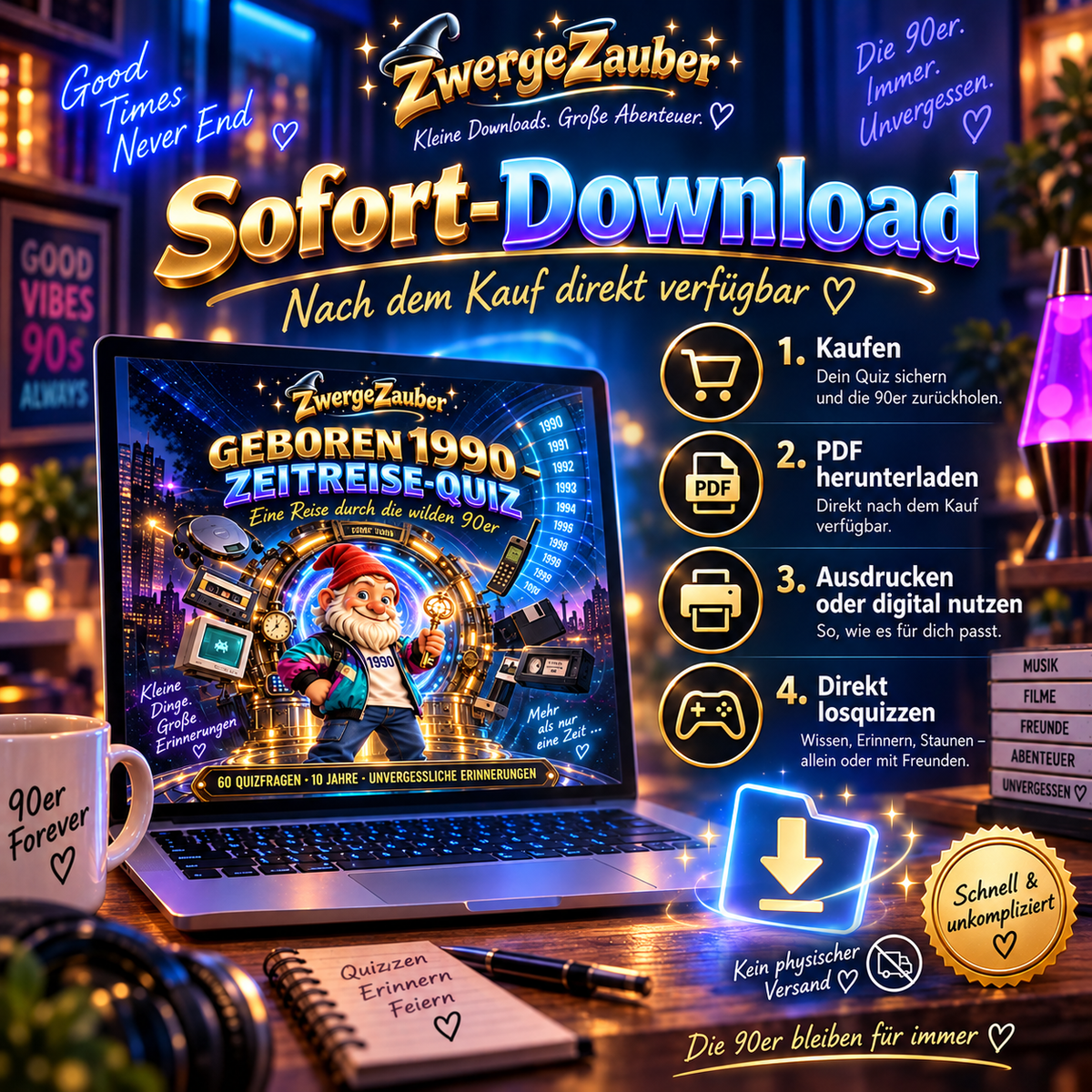 Digitales Geboren 1990 Zeitreise-Quiz von ZwergeZauber auf einem Laptop, mit Hinweisen zu PDF-Download und Ausdrucken.