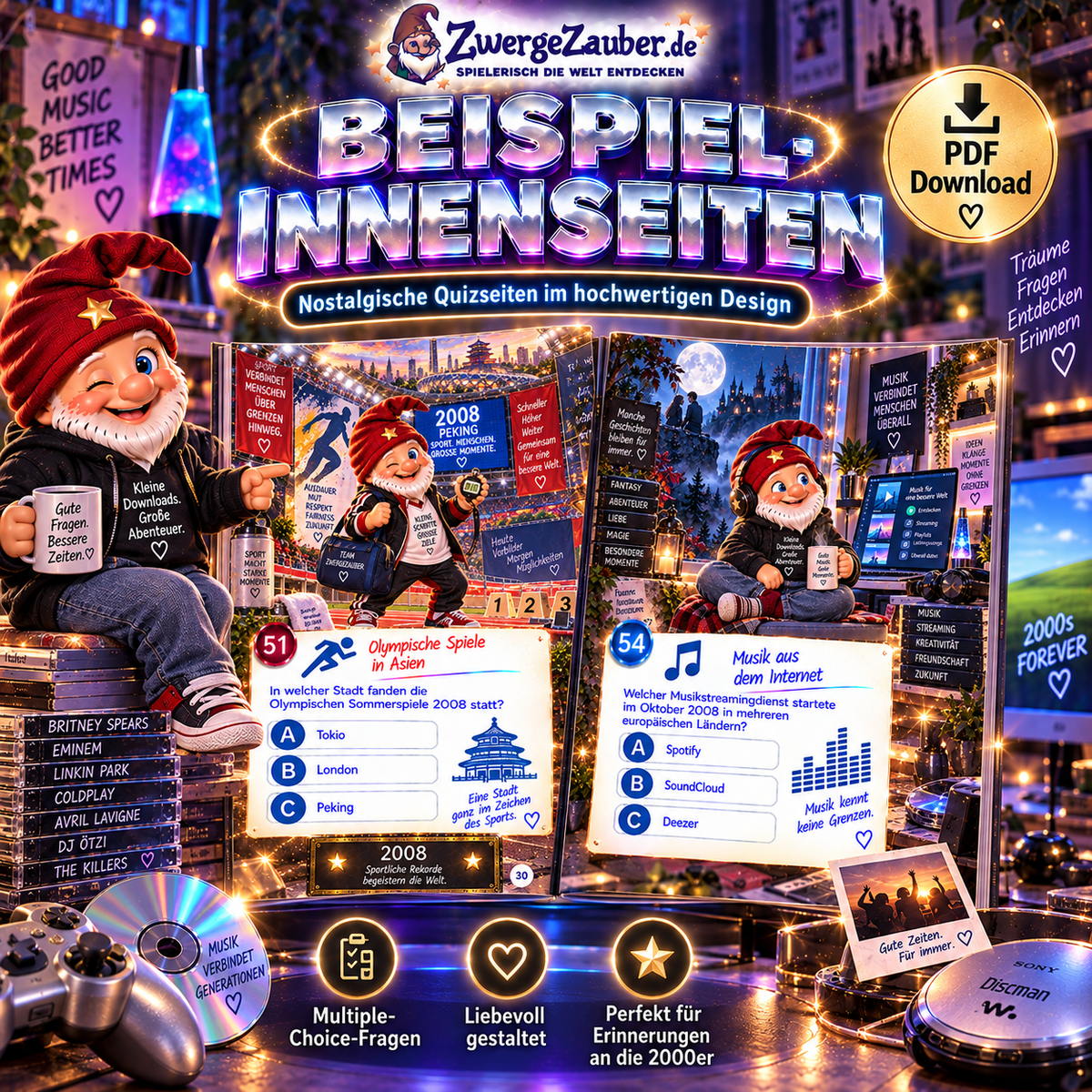 Einblick in zwei gestaltete Quizseiten über die Olympischen Spiele 2008 und Musikstreaming mit Zwicki von ZwergeZauber.