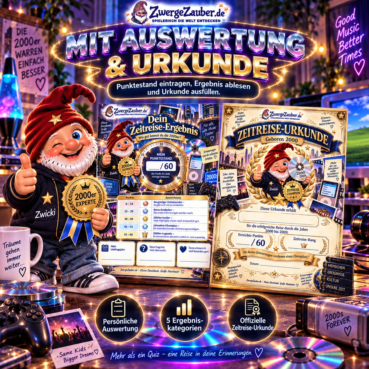 Punkteauswertung mit fünf Ergebnisstufen und ausfüllbare Zeitreise-Urkunde im Geboren 2000 Quiz von ZwergeZauber.