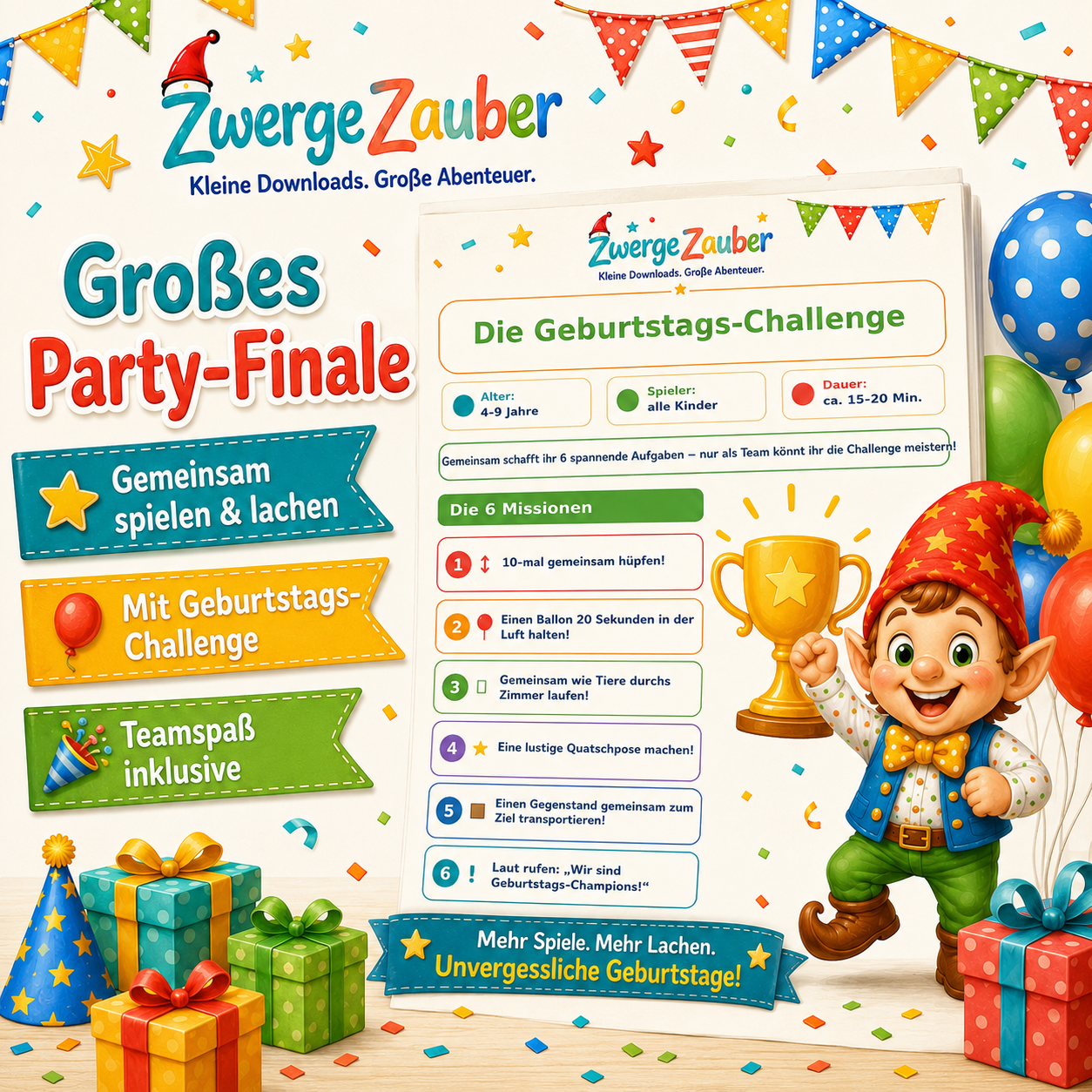 Geburtstags-Challenge mit sechs gemeinsamen Missionen für ein lustiges Party-Finale beim Kindergeburtstag