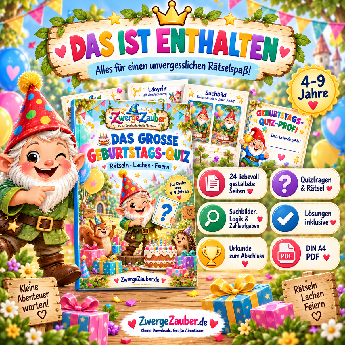 Geburtstags-Quiz mit 24 liebevoll gestalteten Seiten, Quizfragen, Suchbildern, Logikaufgaben, Lösungen und Urkunde
