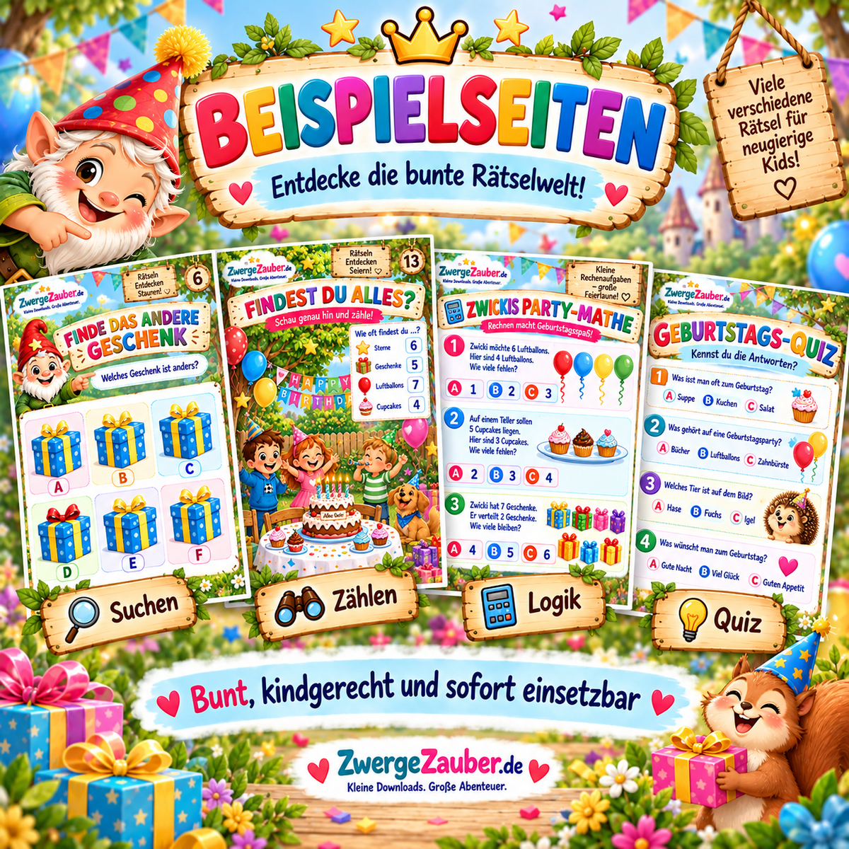 Beispielseiten aus dem Geburtstags-Quiz für Kinder mit Suchspiel, Zählaufgaben, Logik und Quizfragen