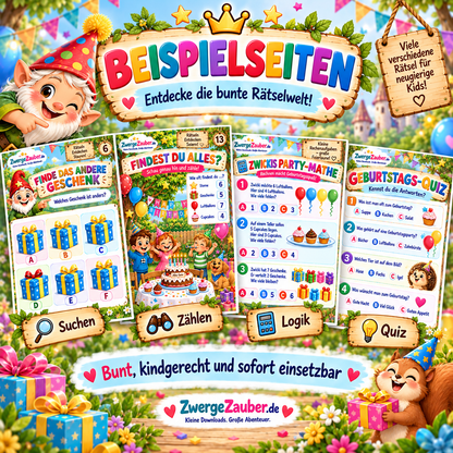 Beispielseiten aus dem Geburtstags-Quiz für Kinder mit Suchspiel, Zählaufgaben, Logik und Quizfragen