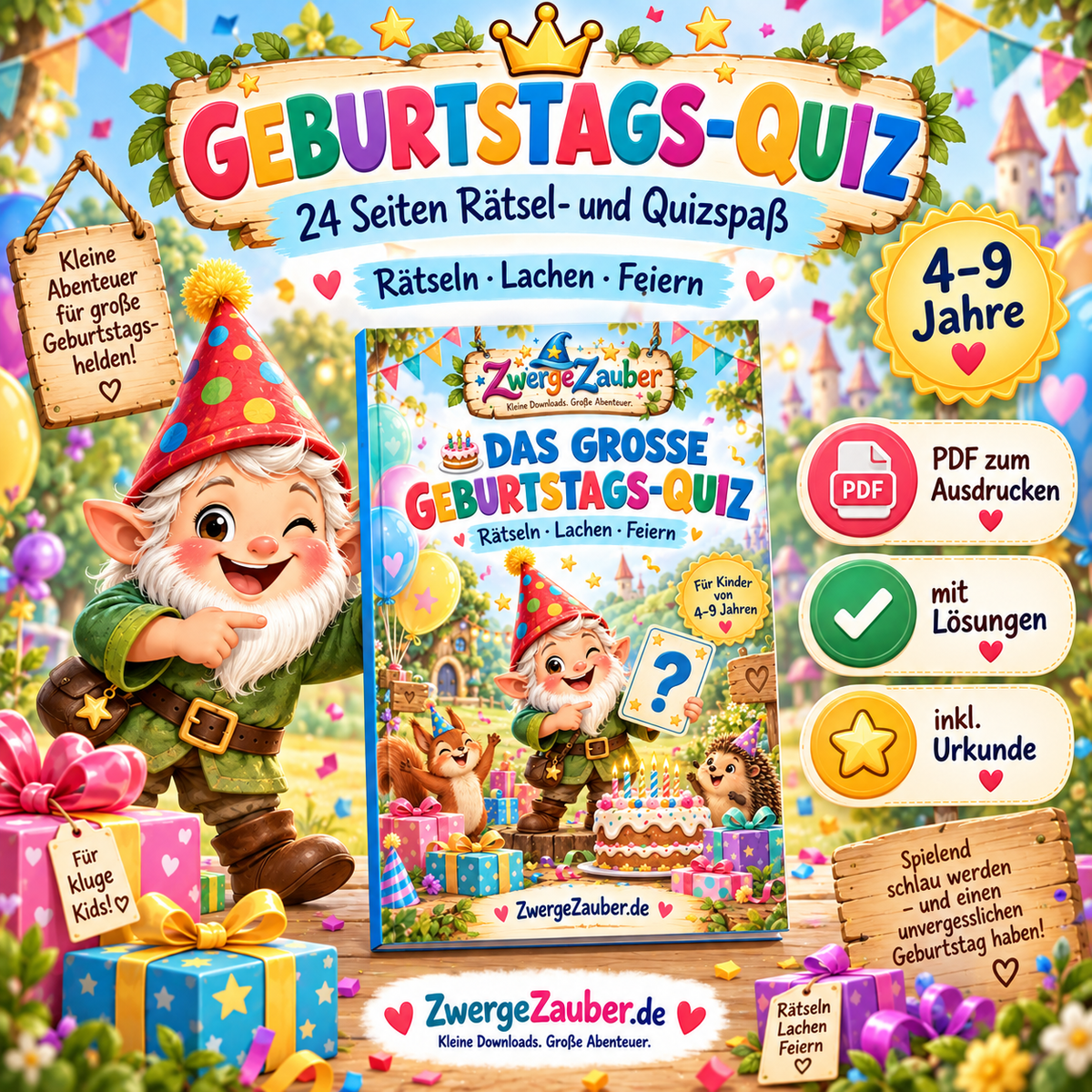 Geburtstags-Quiz für Kinder von 4–9 Jahren mit 24 Seiten, Rätseln, Lösungen und Urkunde als PDF von ZwergeZauber