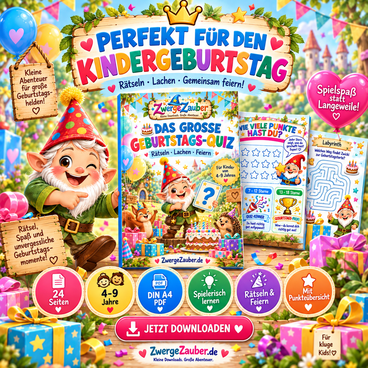 Geburtstags-Quiz für den Kindergeburtstag mit 24 Seiten, Rätselspaß, Punkteübersicht und PDF zum Ausdrucken