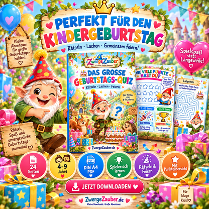 Geburtstags-Quiz für den Kindergeburtstag mit 24 Seiten, Rätselspaß, Punkteübersicht und PDF zum Ausdrucken