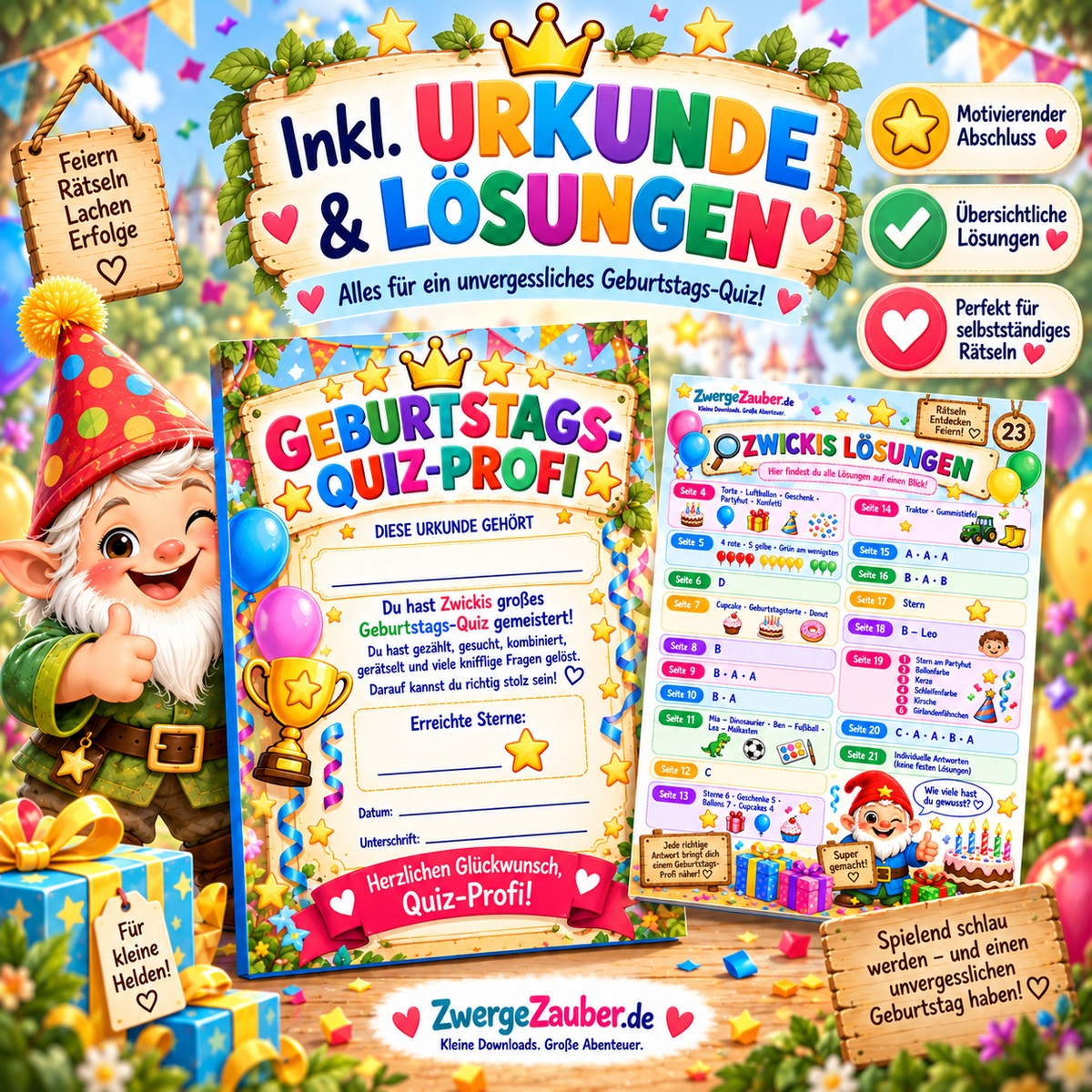 Geburtstags-Quiz für Kinder inklusive Geburtstags-Quiz-Profi Urkunde und übersichtlichen Lösungen