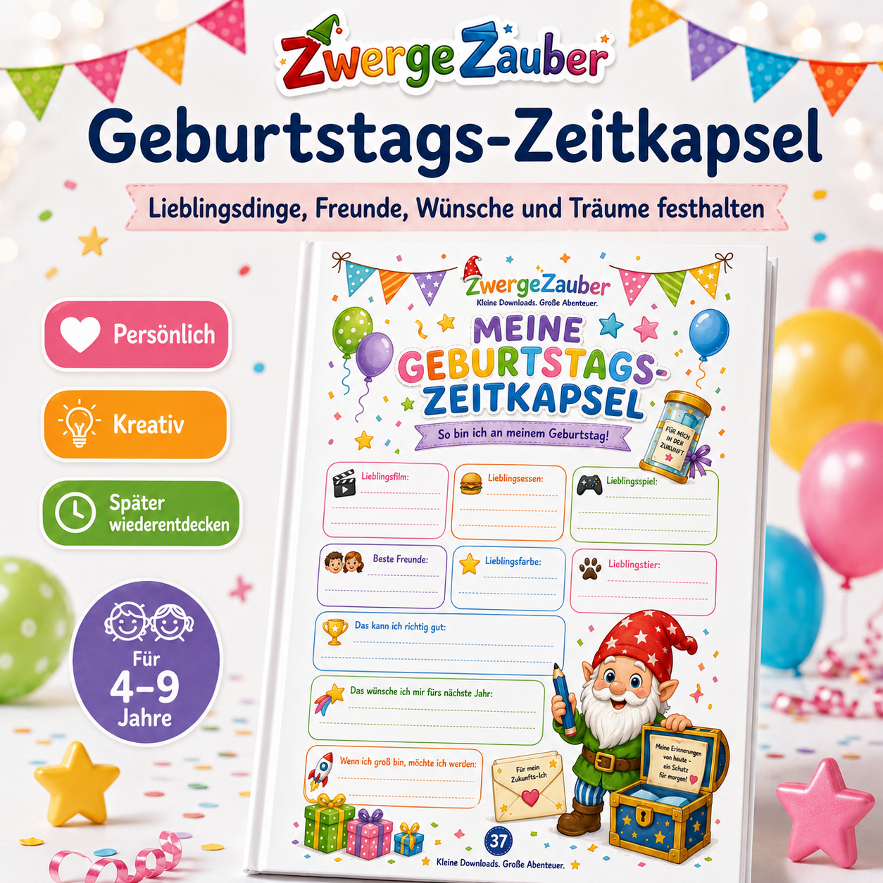 Geburtstags-Zeitkapsel für Kinder mit Lieblingsdingen, Freunden, Wünschen und Träumen im Gästebuch