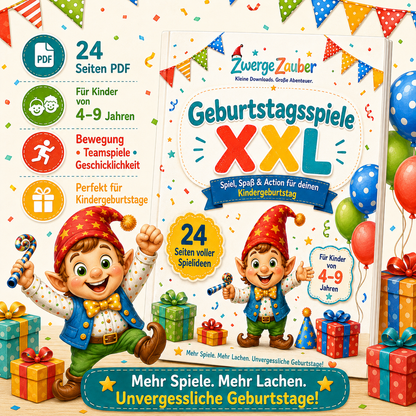 Geburtstagsspiele PDF zum sofortigen Download, Ausdrucken und Spielen für Kindergeburtstage zu Hause oder im Garten
