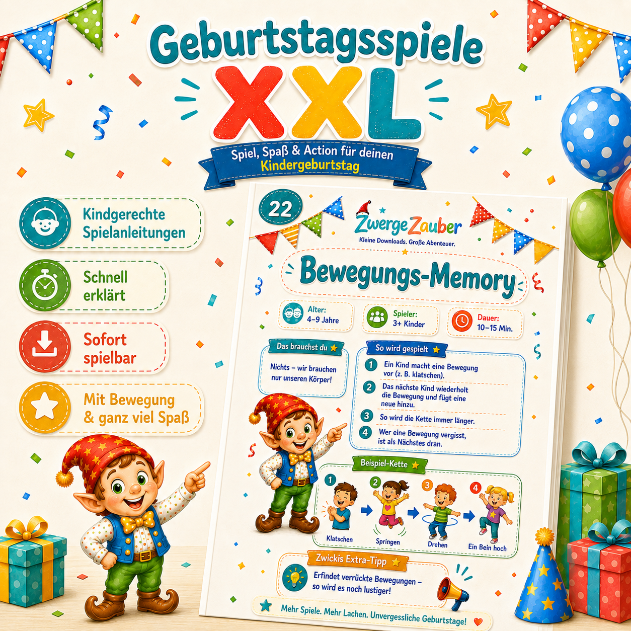 Geburtstagsspiele XXL mit 24 Seiten voller Bewegung, Teamspiele und Geschicklichkeit für Kinder von 4 bis 9 Jahren