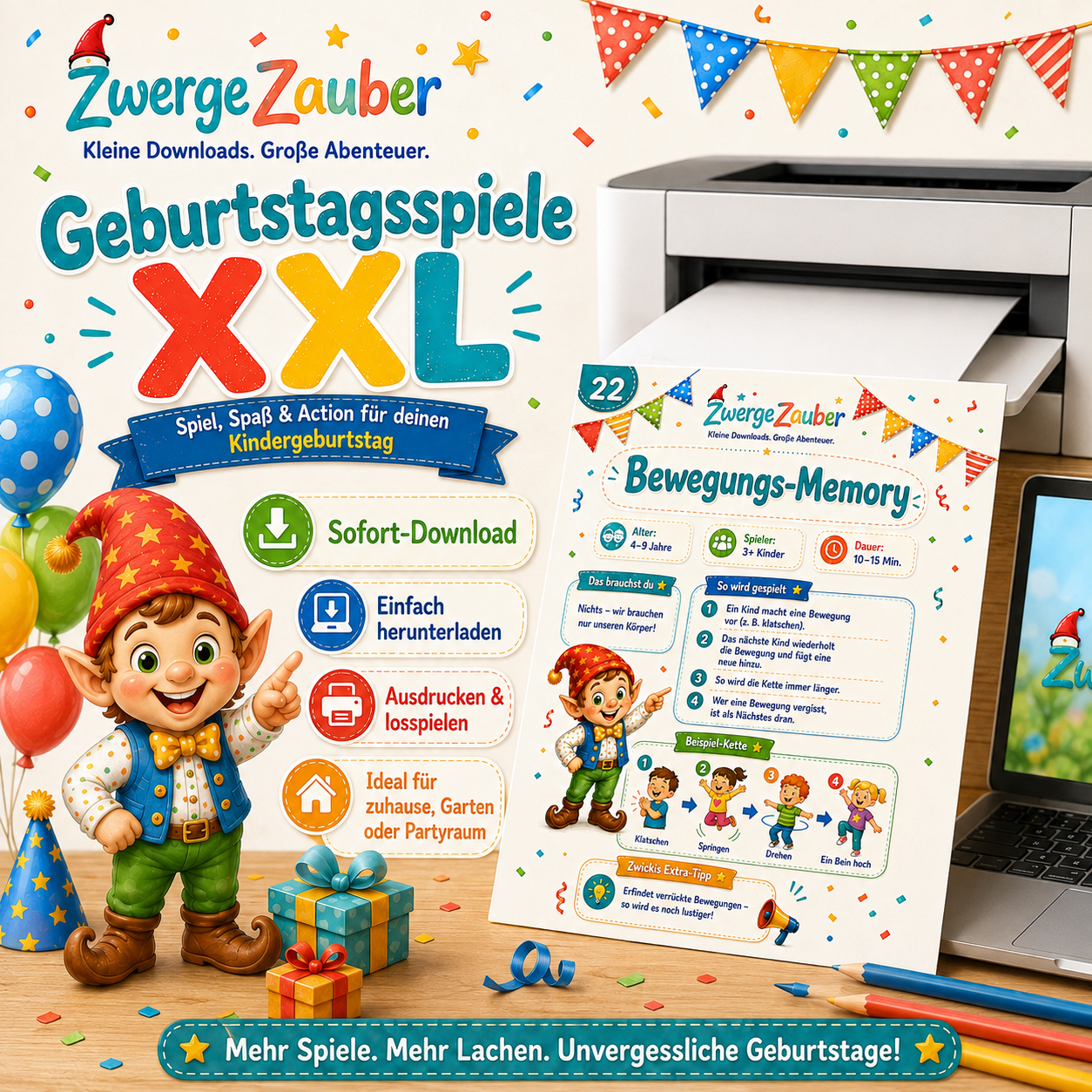 Geburtstagsspiele XXL PDF mit 24 Spielideen für Kinder von 4 bis 9 Jahren – digitaler Download für Kindergeburtstage