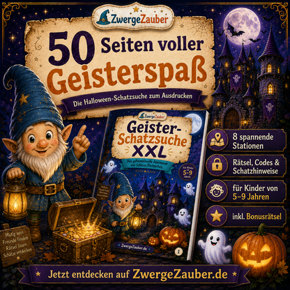 50 Seiten Geister-Schatzsuche zum Ausdrucken mit 8 Stationen, Rätseln, Codes und Schatzhinweisen