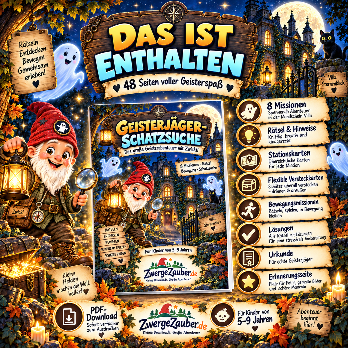 Inhalt der 48-seitigen Geisterjäger-Schatzsuche mit Rätseln, Stationskarten, Lösungen, Urkunde und Extras