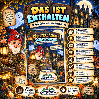 Inhalt der 48-seitigen Geisterjäger-Schatzsuche mit Rätseln, Stationskarten, Lösungen, Urkunde und Extras