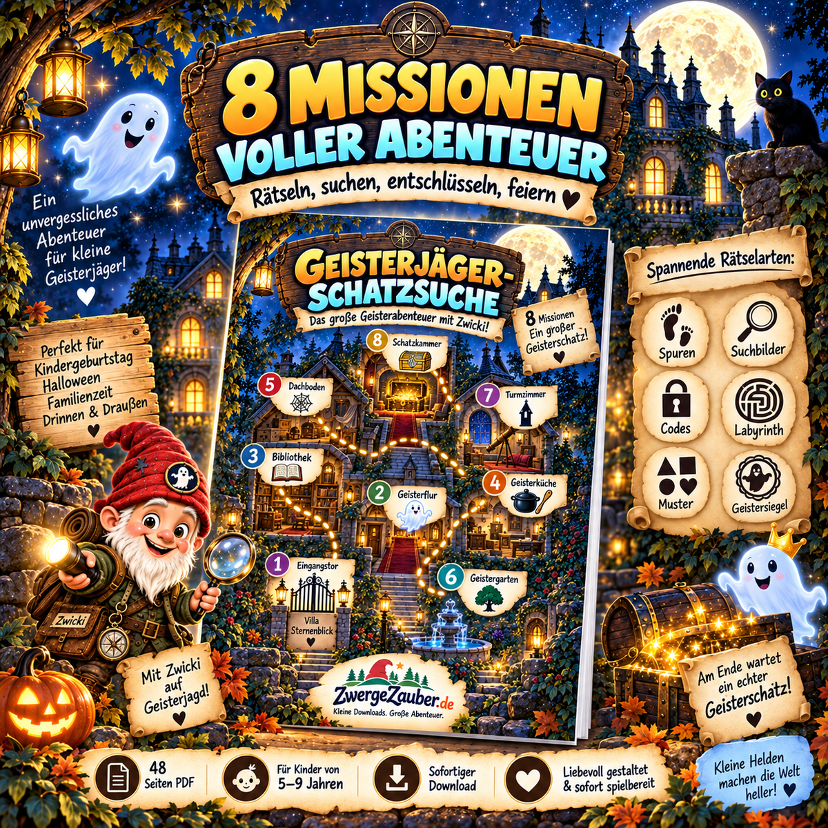 Acht spannende Missionen der Geisterjäger-Schatzsuche mit Suchbildern, Codes, Labyrinth und Geistersiegeln