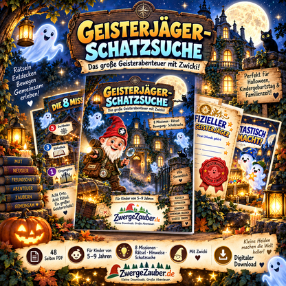 Geisterjäger-Schatzsuche zum Ausdrucken mit Zwicki, 48 Seiten und 8 Missionen für Kinder von 5–9 Jahren