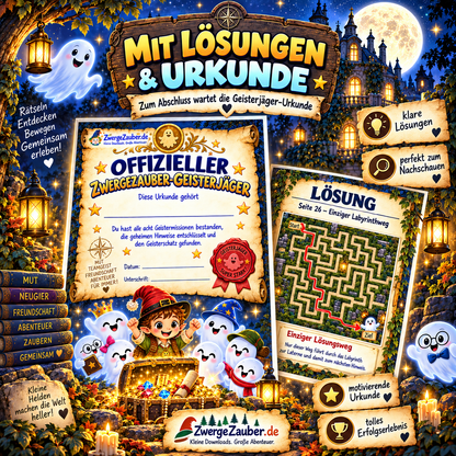 Geisterjäger-Schatzsuche mit übersichtlichen Lösungen und Geisterjäger-Urkunde als PDF für Kinder