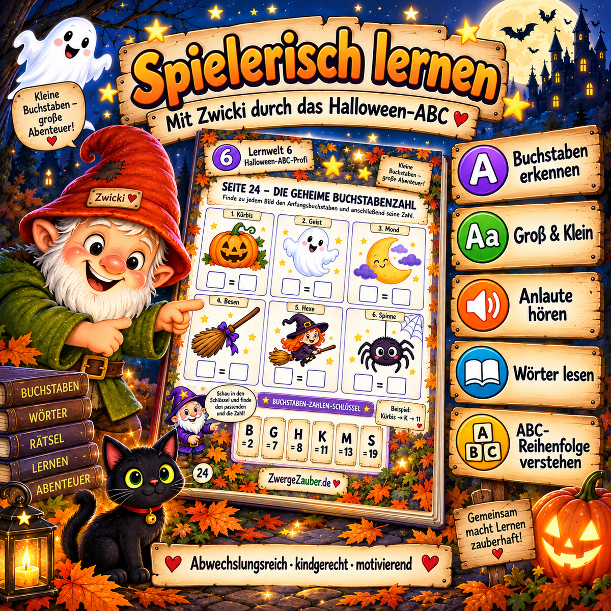 Spielerisches Halloween ABC Lernen mit Buchstaben erkennen, Groß und Klein, Anlauten, ersten Wörtern und ABC Reihenfolge