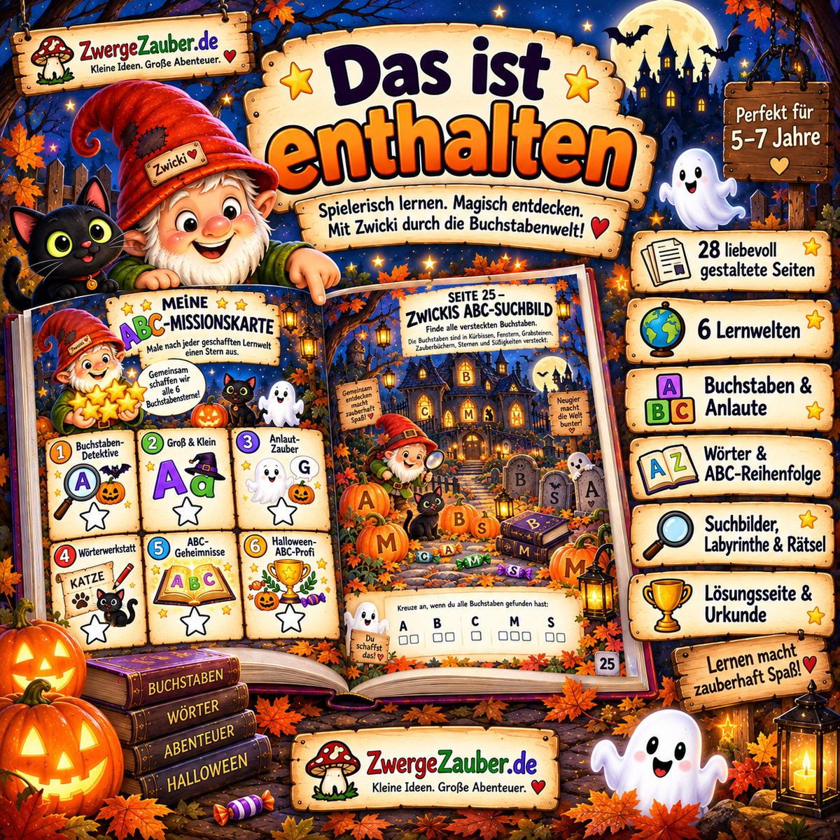 Halloween ABC Rätsel mit 28 Seiten, 6 Lernwelten, Buchstaben, Anlauten, Wörtern, Suchbildern, Lösungen und Urkunde