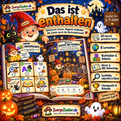 Halloween ABC Rätsel mit 28 Seiten, 6 Lernwelten, Buchstaben, Anlauten, Wörtern, Suchbildern, Lösungen und Urkunde