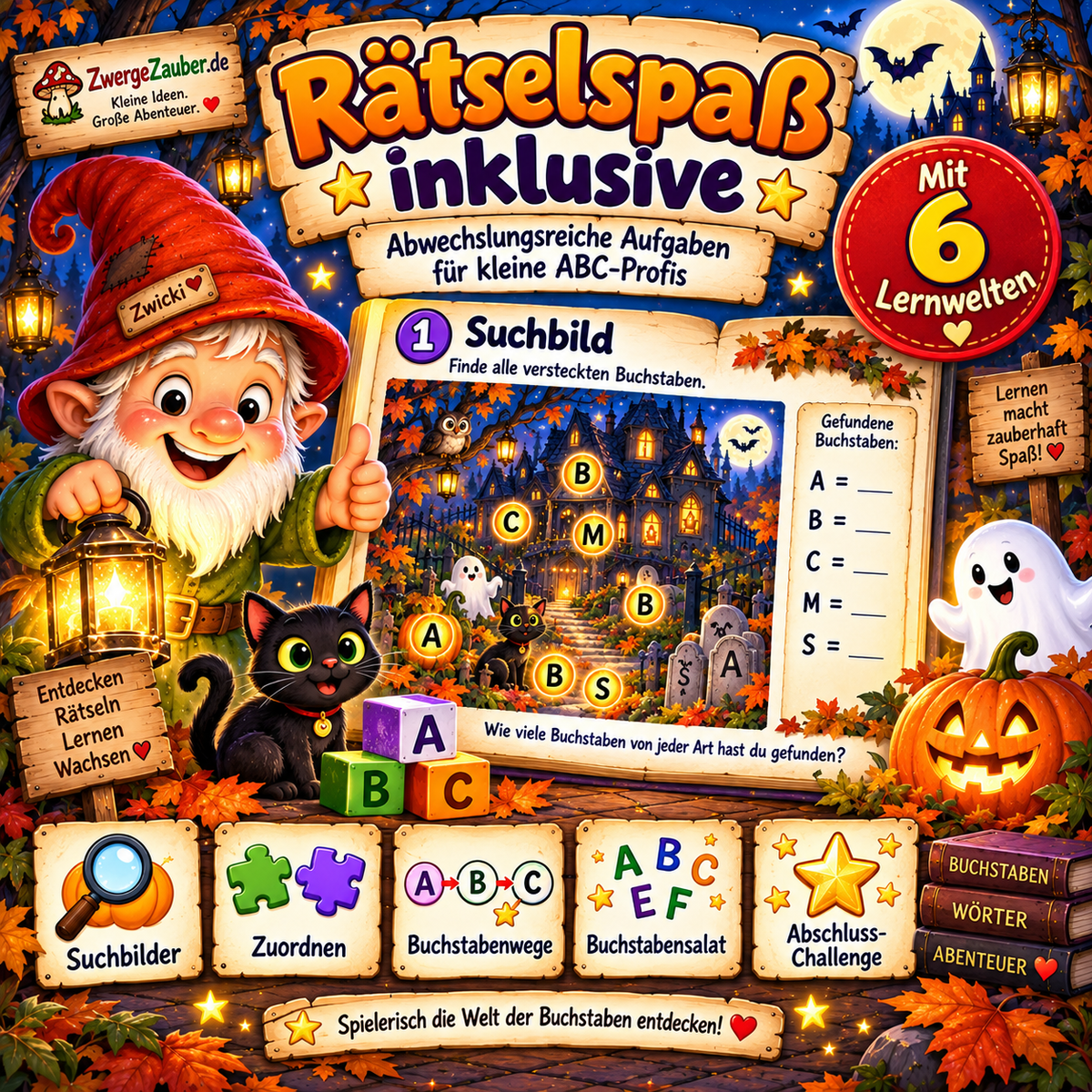 Halloween ABC Rätselspaß mit 6 Lernwelten, Suchbildern, Zuordnungen, Buchstabenwegen und Abschluss-Challenge