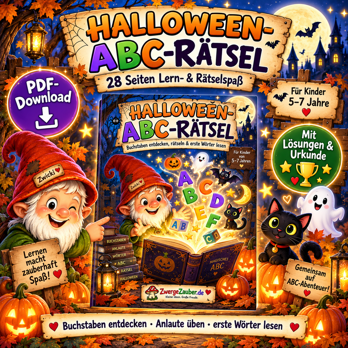Halloween ABC Rätsel für Kinder von 5 bis 7 Jahren mit 28 Seiten Lern- und Rätselspaß von ZwergeZauber
