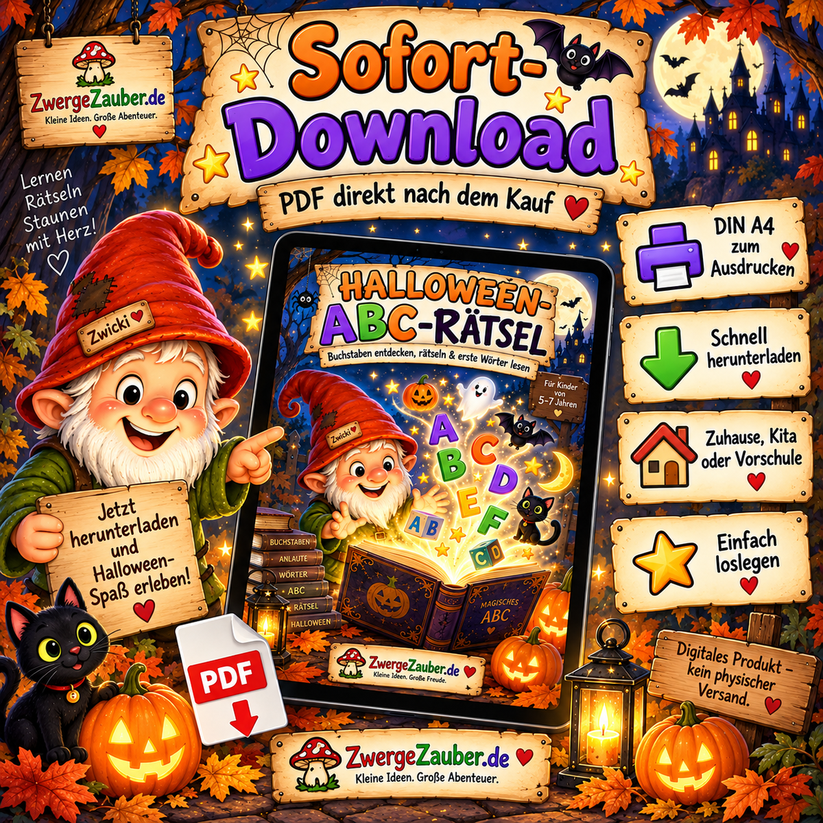 Halloween ABC Rätsel als PDF Sofort-Download im DIN A4 Format zum Ausdrucken für Kinder von 5 bis 7 Jahren