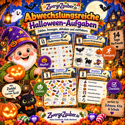 Abwechslungsreiche Halloween-Aufgaben für Kinder mit Mustern, Bewegung, Süßigkeiten zählen und Halloween-Checkliste für 14 Tage Vorfreude.