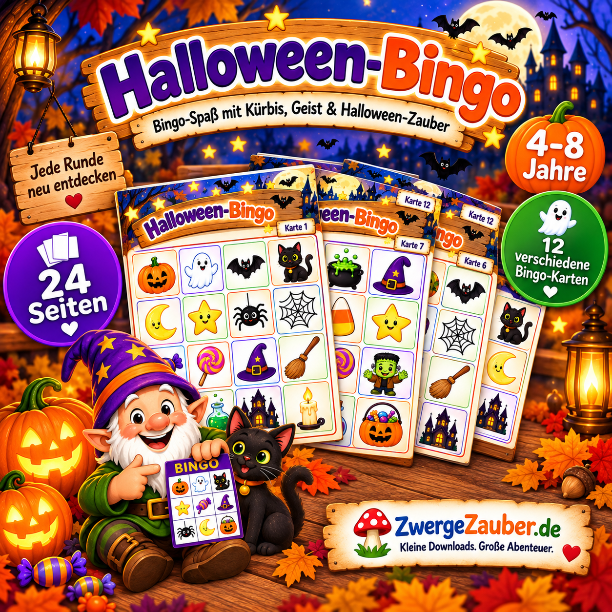 Halloween-Bingo mit 12 verschiedenen Bingo-Karten und 24 Seiten für Kinder von 4 bis 8 Jahren zum Ausdrucken und Spielen