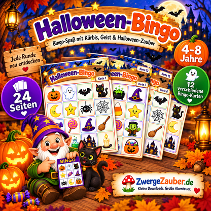 Halloween-Bingo mit 12 verschiedenen Bingo-Karten und 24 Seiten für Kinder von 4 bis 8 Jahren zum Ausdrucken und Spielen