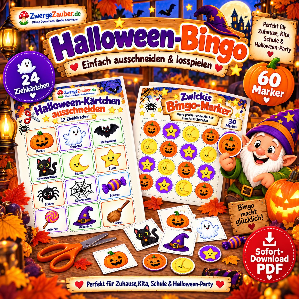 Halloween-Bingo zum Ausdrucken, Ausschneiden und Spielen mit Bingo-Karten, Ziehkärtchen und Markern für Kinder