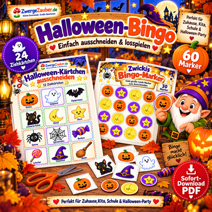 Halloween-Bingo zum Ausdrucken, Ausschneiden und Spielen mit Bingo-Karten, Ziehkärtchen und Markern für Kinder
