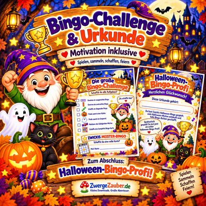 Halloween-Bingo Challenge mit Urkunde für Kinder, Zwickis Meister-Bingo und spielerischen Halloween-Aufgaben als PDF-Download