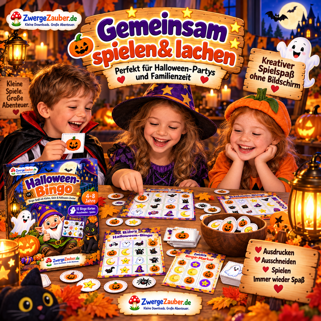 Halloween-Bingo für Familie, Kindergeburtstag und Halloween-Party als kreativer Spielspaß ohne Bildschirm für Kinder von 4 bis 8 Jahren