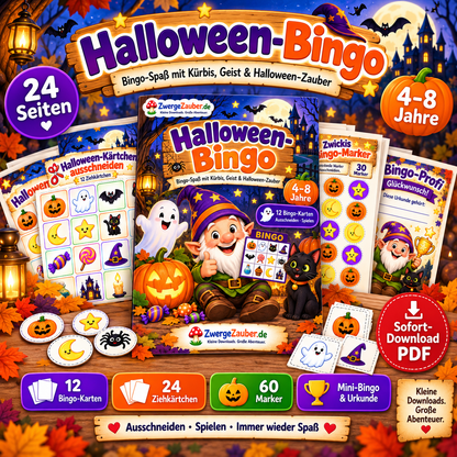 Halloween-Bingo für Kinder von 4 bis 8 Jahren als digitaler PDF-Download mit Zwicki, Bingo-Karten, Ziehkärtchen und Spielmarkern von ZwergeZauber.de
