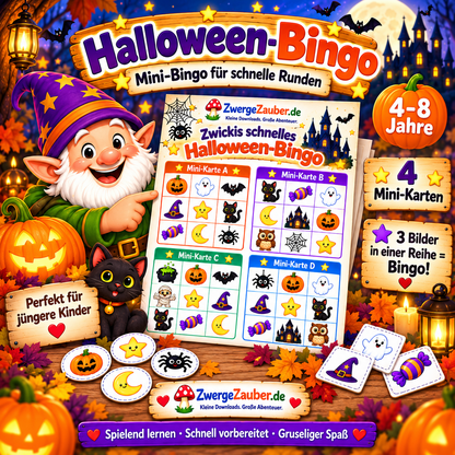 Mini-Halloween-Bingo für Kinder mit vier 3x3 Bingo-Karten für schnelle Spielrunden und Halloween-Partys